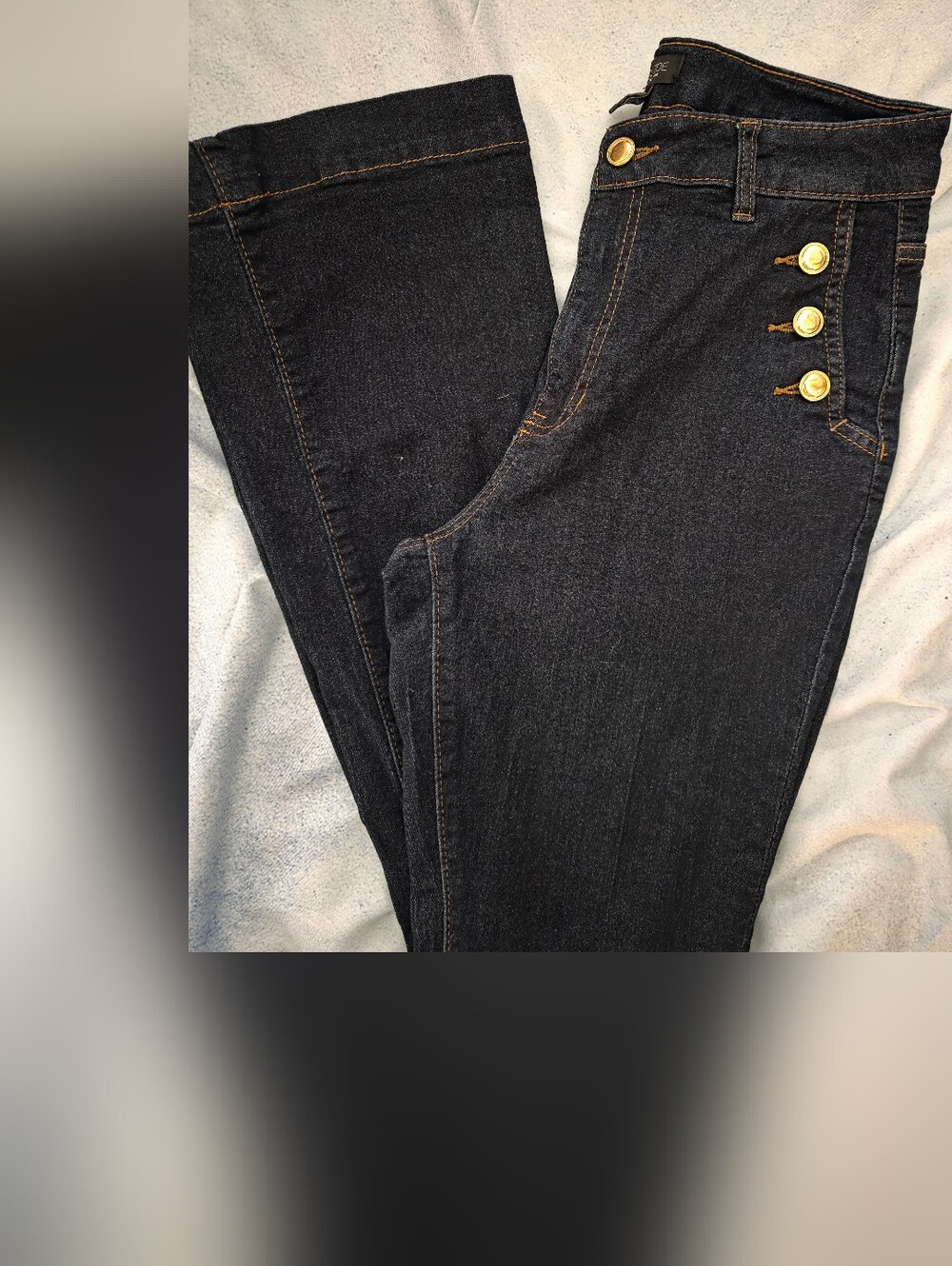 High-Rise Dark Wash Women's Flared Jeans with Gold Button Detail
